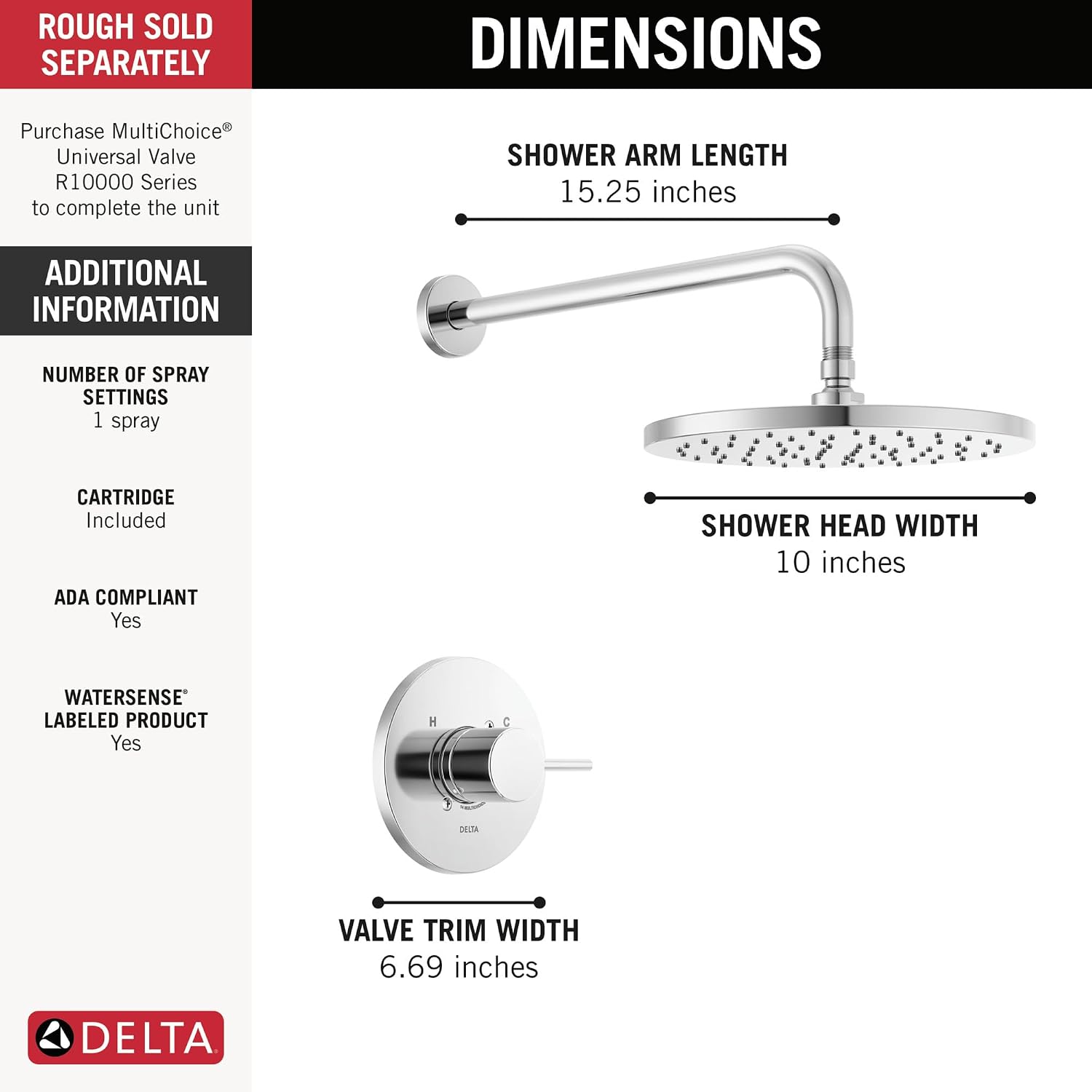 Delta Modern 14 Series Round Rain Shower Faucet Set, Chrome Shower Head and Handle Set, Valve Trim Kit, Chrome T14269-PP (Valve Not Included)