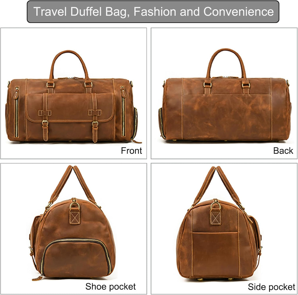 LUUFAN Full-grain Genuine Leather Travel Bag Large Capacity Duffel Luggage Bag with Shoe Compartment, Men Women Shoulder Bag for Weekend Holiday Business Trip, Light Brown