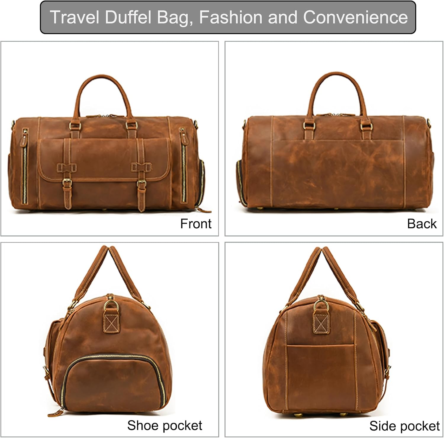 LUUFAN Full-grain Genuine Leather Travel Bag Large Capacity Duffel Luggage Bag with Shoe Compartment, Men Women Shoulder Bag for Weekend Holiday Business Trip, Light Brown
