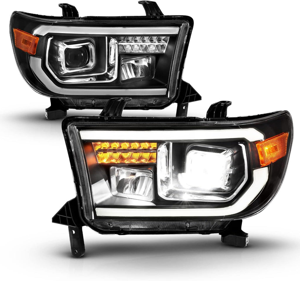 AmeriLite for 2007-2013 Toyota Tundra | 2008-2017 Sequoia [Full LED] Light Tube DRL Turn Signal Square Projector Headlight Set - Passenger and Driver Side