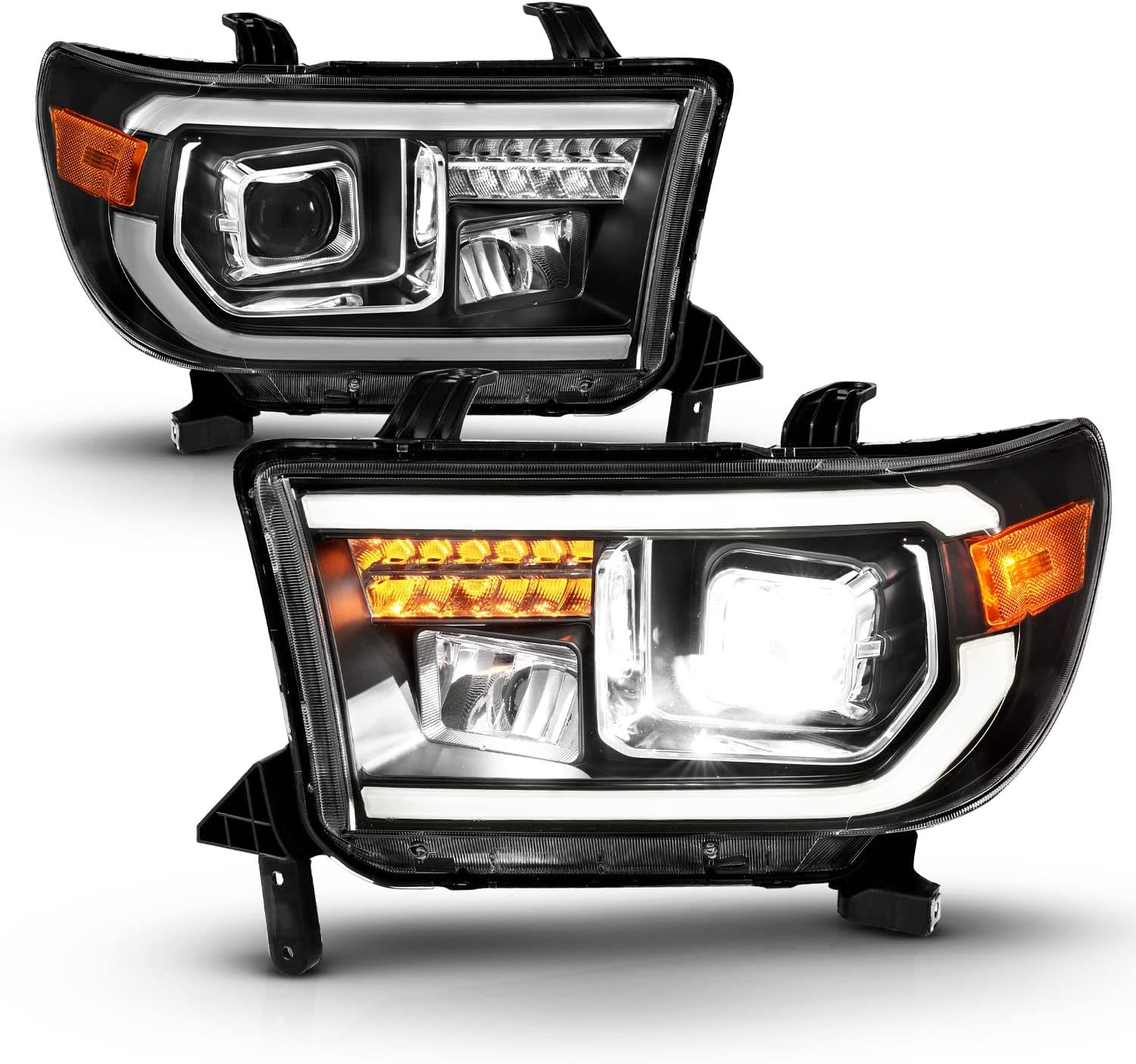AmeriLite for 2007-2013 Toyota Tundra | 2008-2017 Sequoia [Full LED] Light Tube DRL Turn Signal Square Projector Headlight Set - Passenger and Driver Side
