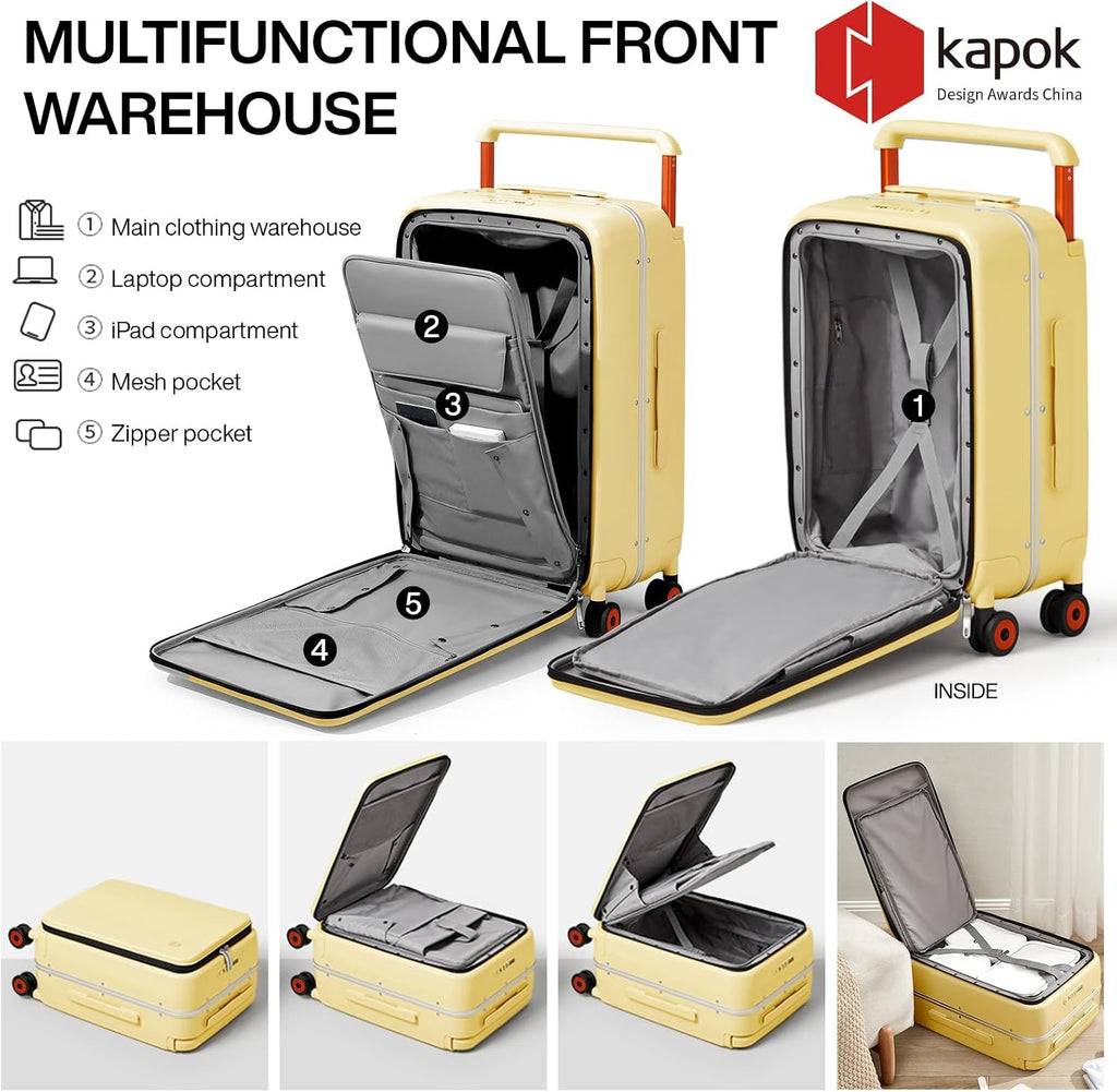 mixi Checked Luggage Wide Handle Luxury Design Rolling Travel Suitcase PC Hardside with Aluminum Frame Hollow Spinner Wheels, with Cover, 24 inch, Lark Yellow