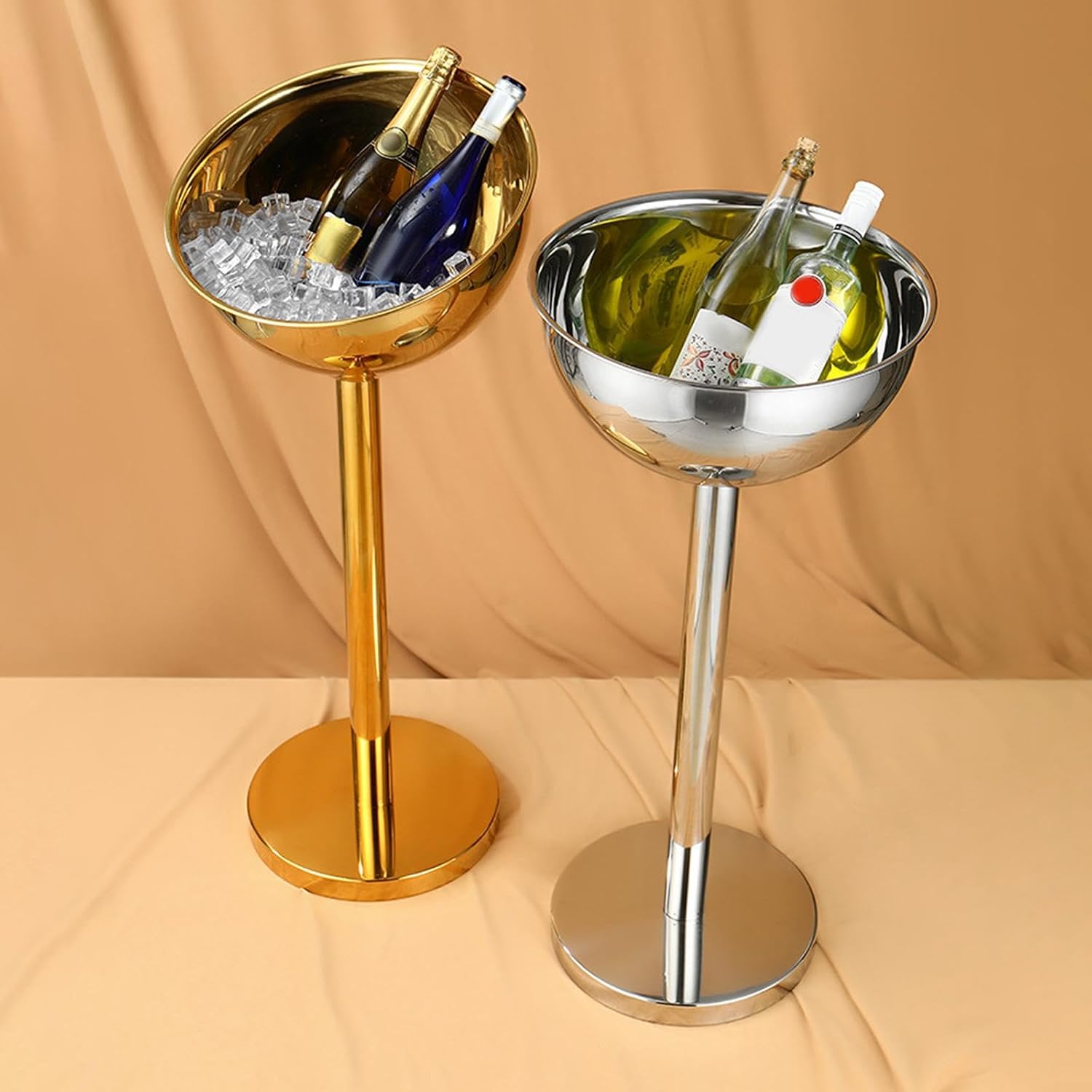 Vaveren Champagne Ice Bucket Wine Bucket on Stands Easy to Clean and Move Ice Bucket with Stand Standing Ice Bucket for BBQ KTV, Gold