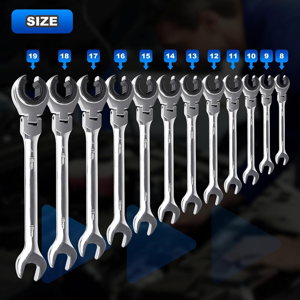 AUTOBABA 8-19mm Metric Open Flex-Head Ratcheting Wrench Set (12pcs/set), Quick Double Ended Open 72 Teeth Tubing Ratchet Kits With Box Packing