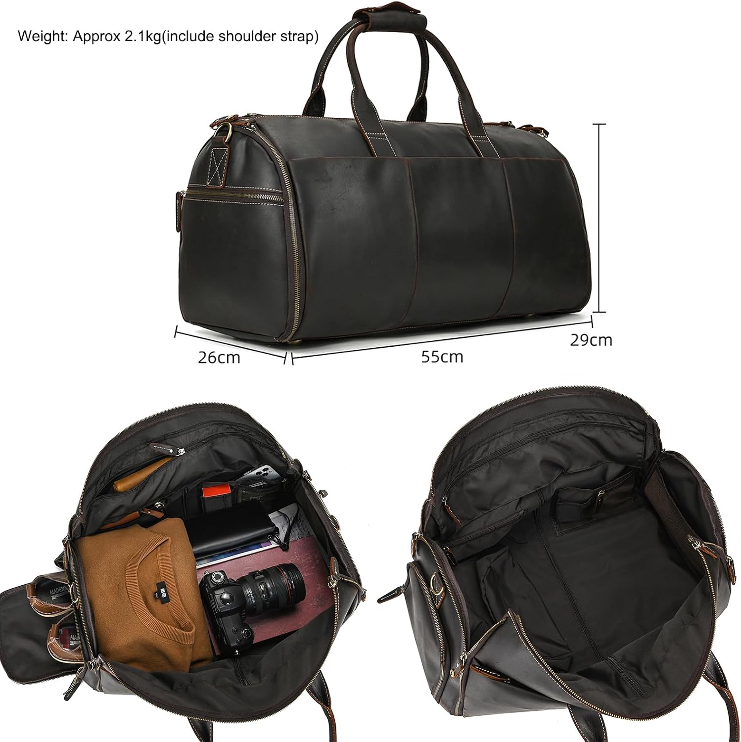LUUFAN Full-grain Leather Garment Bag Large Capacity Travel Bag Business Suit Carrier Bag with Shoe Compartment, Overnight Gym Sports Duffel Bags for Men Women, Dark Brown