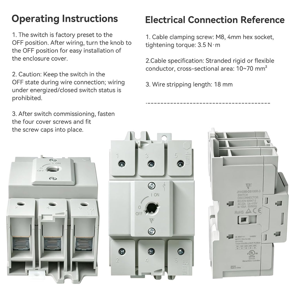 UL Listed 100 Amp AC Disconnect Switch 3-Pole 800VAC IP66 Waterproof PV Isolation 100A Service Disconnect Box Outdoor 3-Ways 100A Heavy Duty Safety Switch