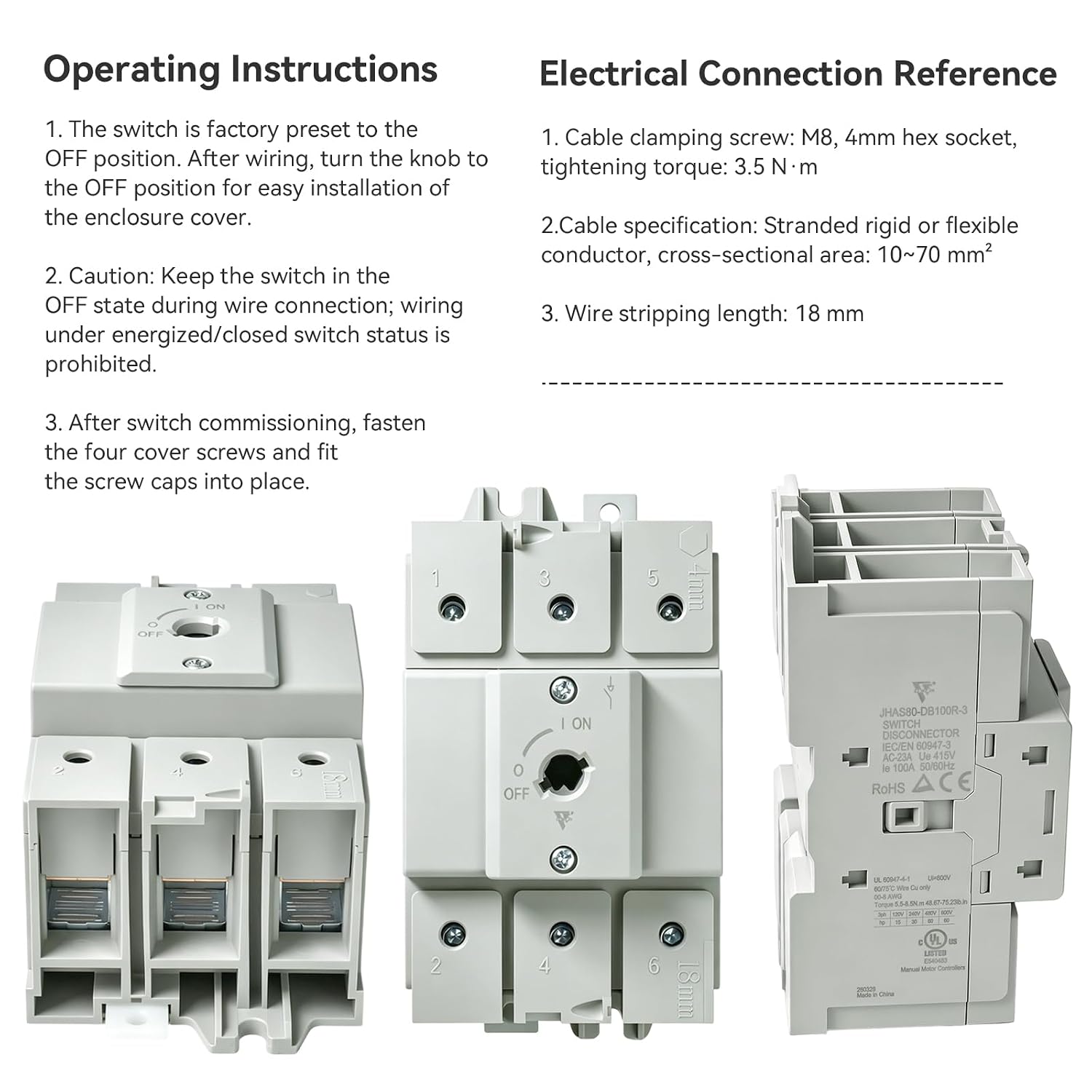 UL Listed 100 Amp AC Disconnect Switch 3-Pole 800VAC IP66 Waterproof PV Isolation 100A Service Disconnect Box Outdoor 3-Ways 100A Heavy Duty Safety Switch