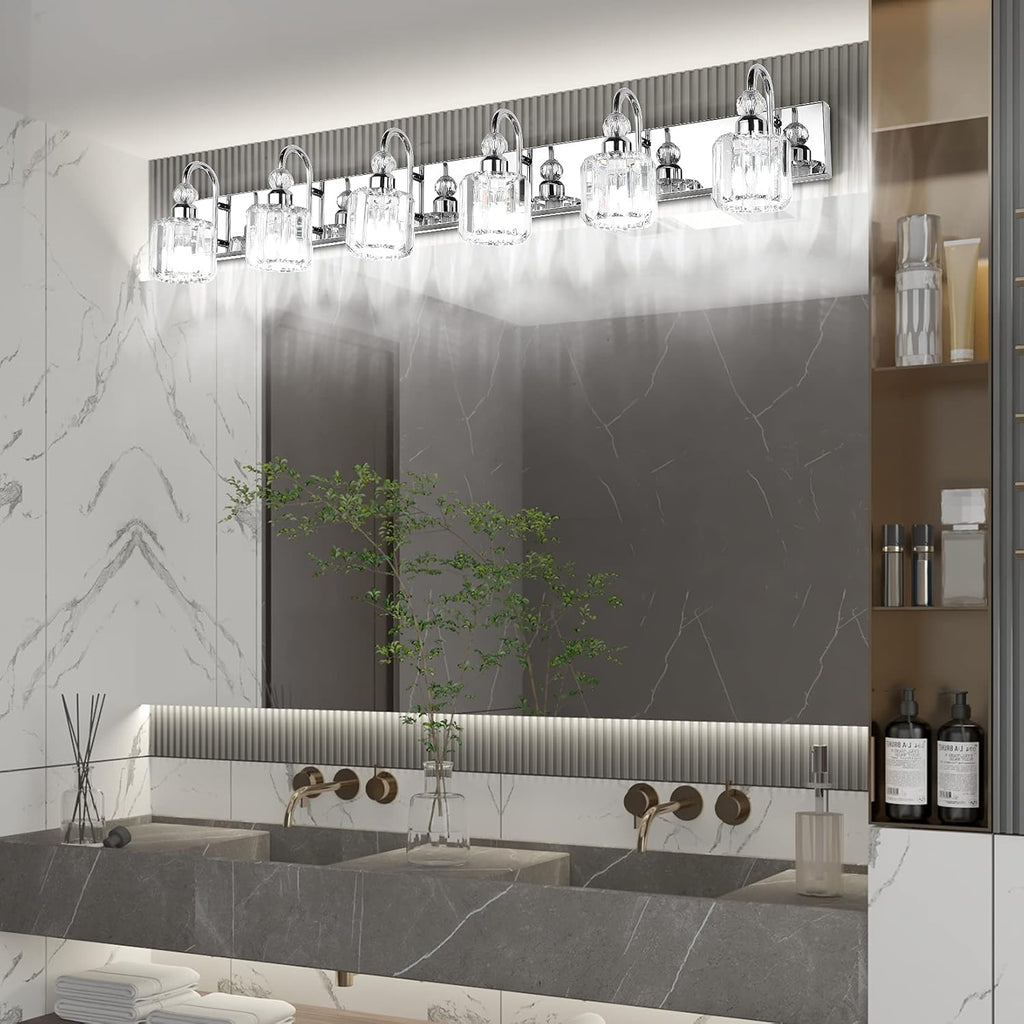 Ralbay 6-Lights Stainless Steel Crystal Bathroom Vanity Lights Over Long Mirror Modern Crystal Vanity Lighting Fixtures for Bathroom