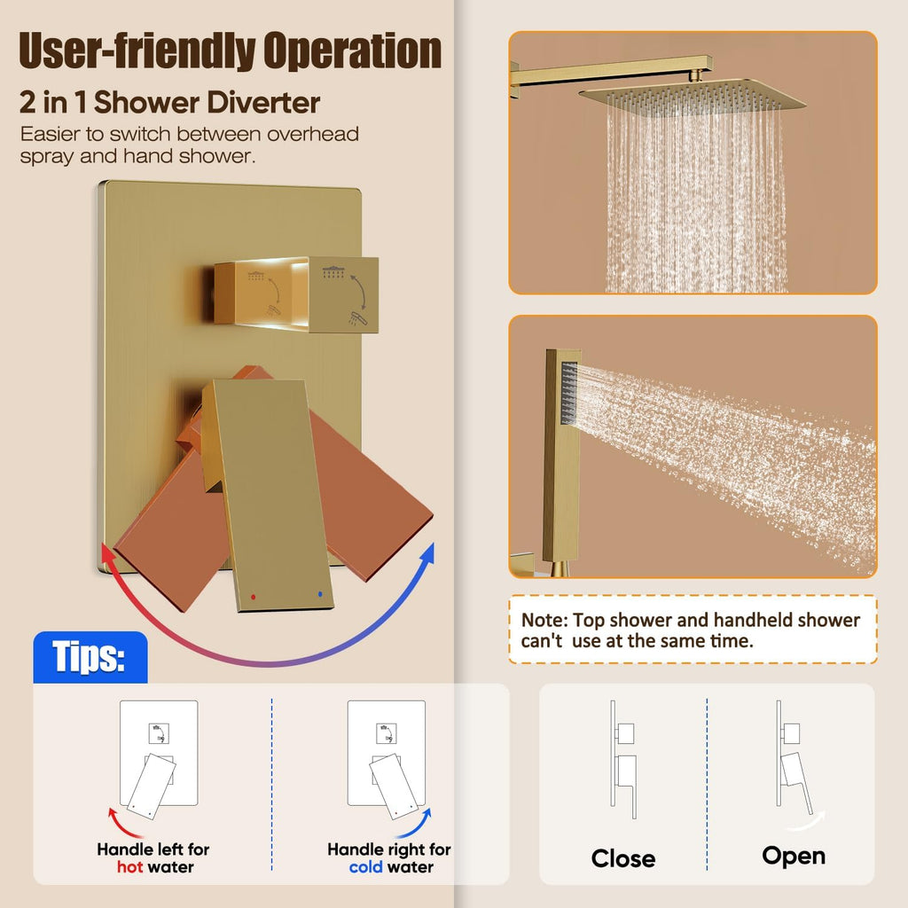 Gabrylly Shower System, Gold Shower Faucet Set, High Pressure 10 Inch Rain Shower Head with Handheld Spray Combo, All Metal Shower Head Set with Shower Valve Kit, Brushed Gold