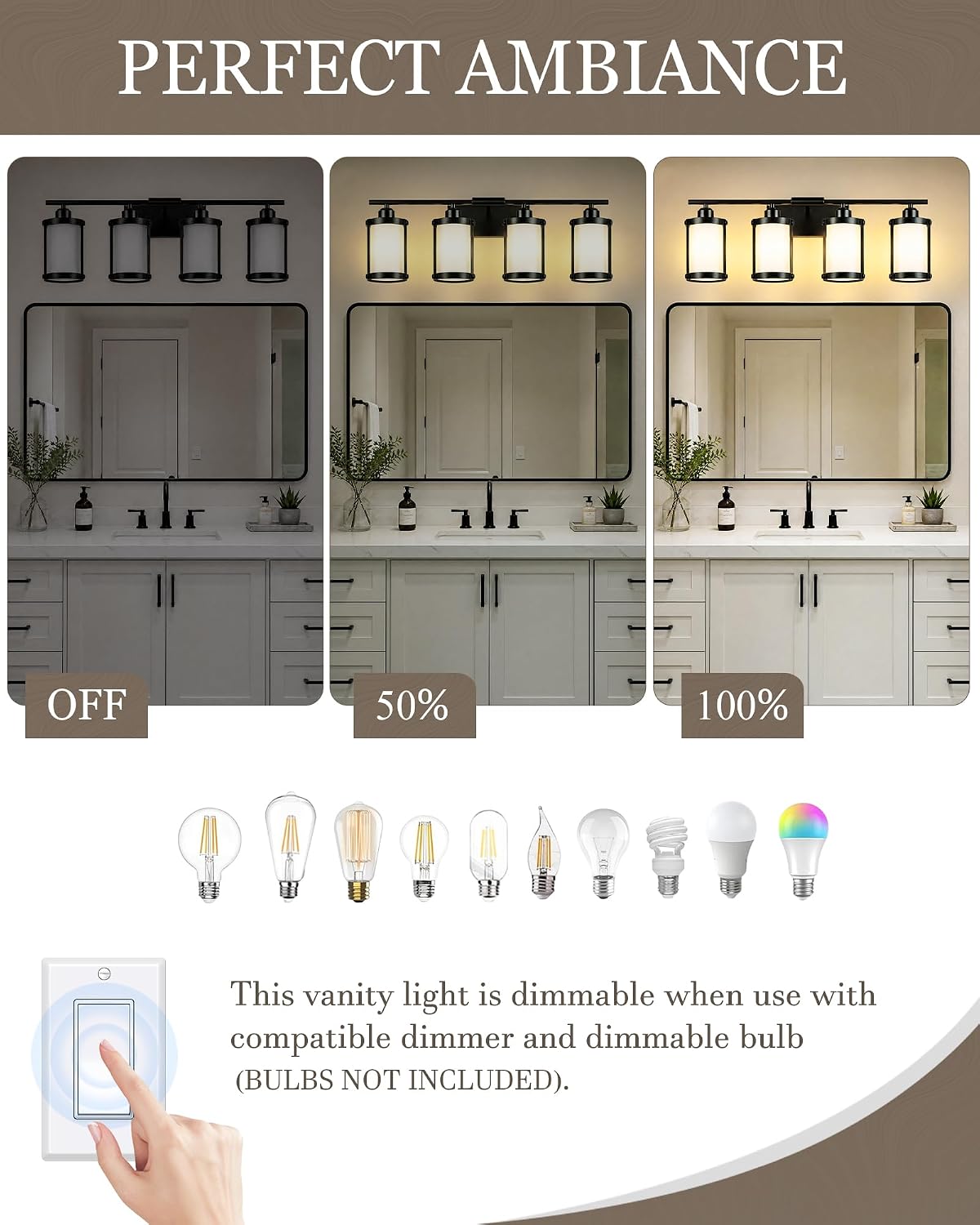4-Light Black Bathroom Light Fixtures with Milk White Frosted Glass, 29' UL-Listed Modern Wall Sconce Over Mirror with Metal Cage for Bath, Hardwire E26, OS-3014BKW-4W