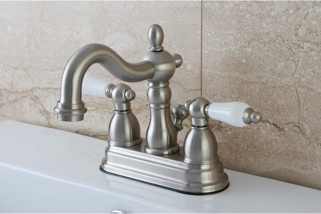 Kingston Brass KB1608PL Heritage 4-Inch Centerset Lavatory Faucet with Porcelain Lever Handle, Brushed Nickel