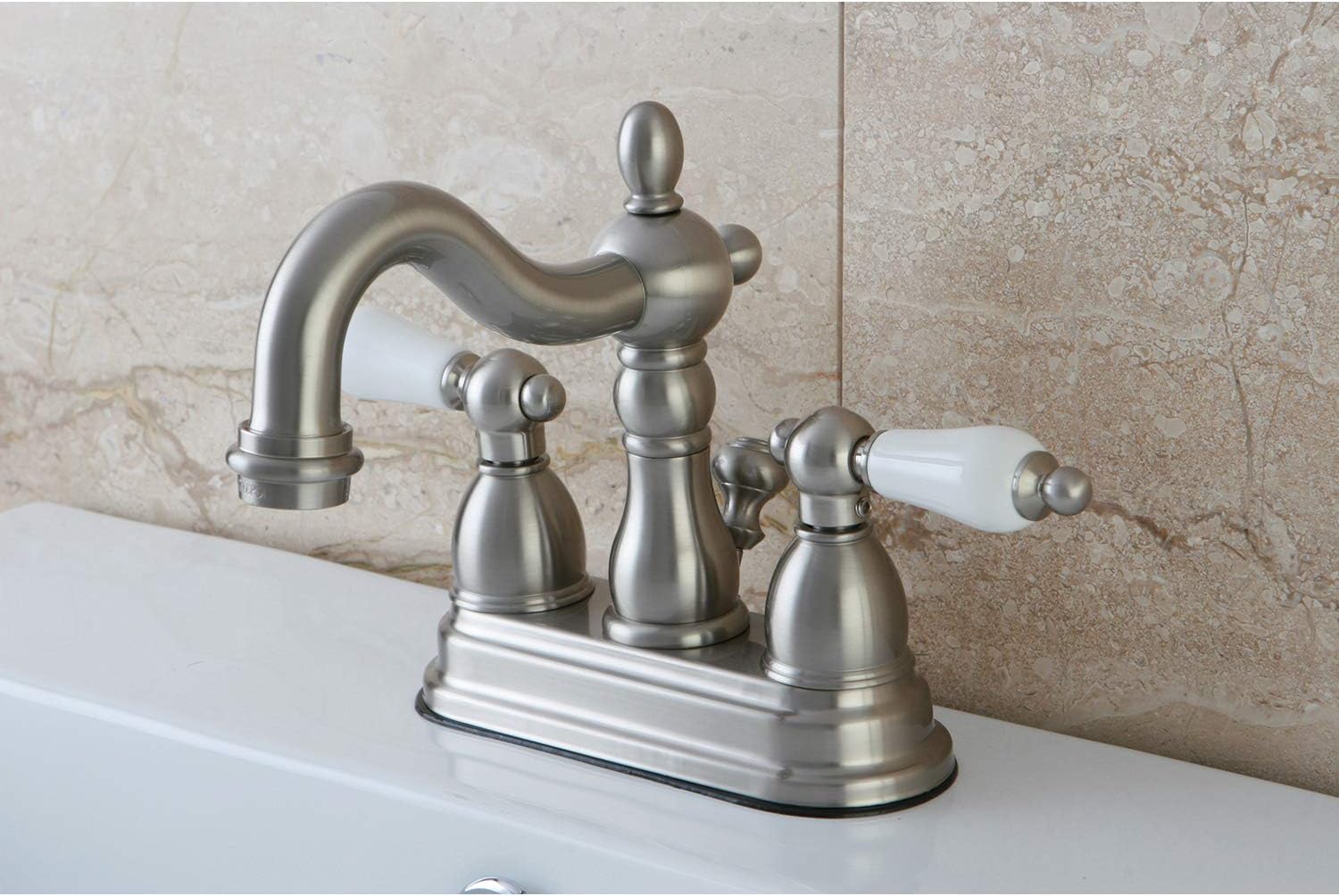 Kingston Brass KB1608PL Heritage 4-Inch Centerset Lavatory Faucet with Porcelain Lever Handle, Brushed Nickel