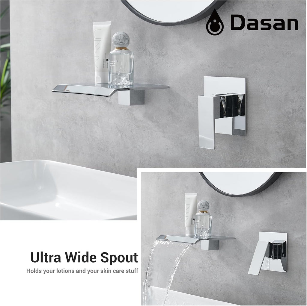 DASAN Wall Mount Waterfall Bathroom Faucet Polished Chrome in Wall Sink Faucet, Single Handle Wall Mounted Modern Faucet for Bathroom with Upgraded Rough in Valve, DA-TFD3CH-NH