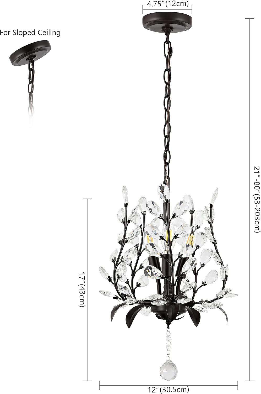 JONATHAN Y 12' Oil Rubbed Bronze 3-Light Bohemian Pendant Light, Vintage LED Branch Ceiling Fixture for Kitchen Island Bedroom Bathroom, Clear Acrylic Crystals JYL9551A