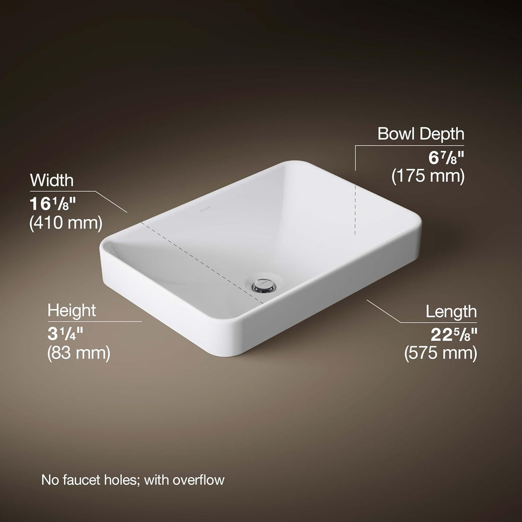 KOHLER 5373-0 Vox Rectangle Vessel Bathroom Sink, Vitreous China¬†, 22-5/8' W X 16-1/8'L, White