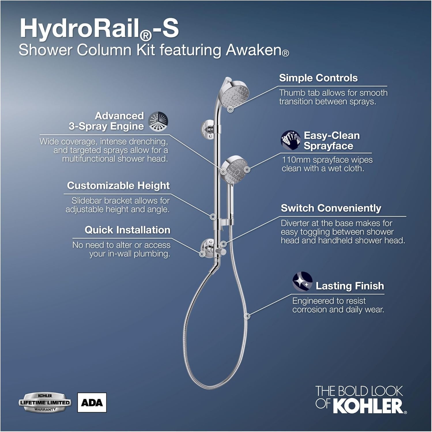 KOHLER 76471-Y-BN Awaken 1.75 GPM Retrofit Shower - Includes Shower Head, Hand Shower, Slide Bar and Hose, Vibrant Brushed Nickel