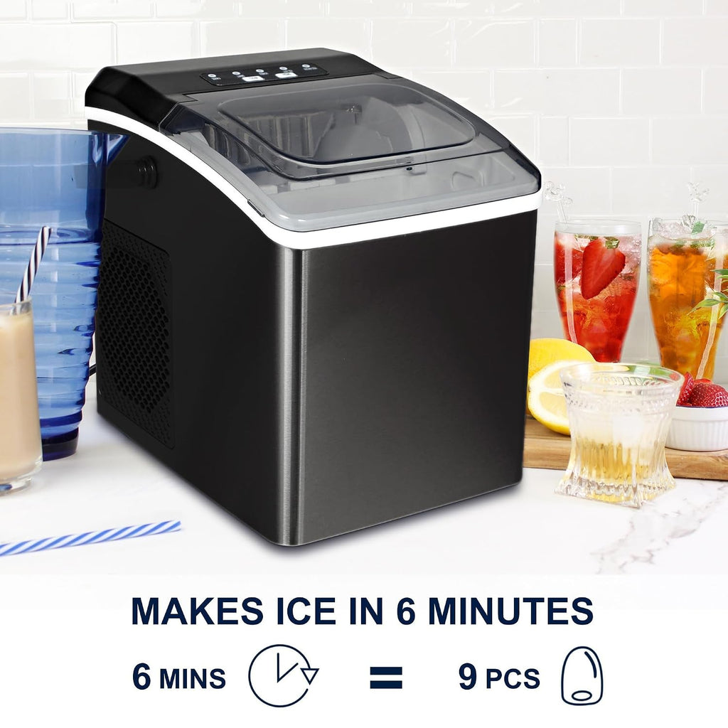 Koolatron Ice Makers Countertop Portable Ice Machine 2 Sizes Bullet Ice Cubes Ready in 6 Mins 26.5lbs/Day with Ice Scoop and Basket Digital Controls LED Indicators for Parties/Home/Office/Bar, Black