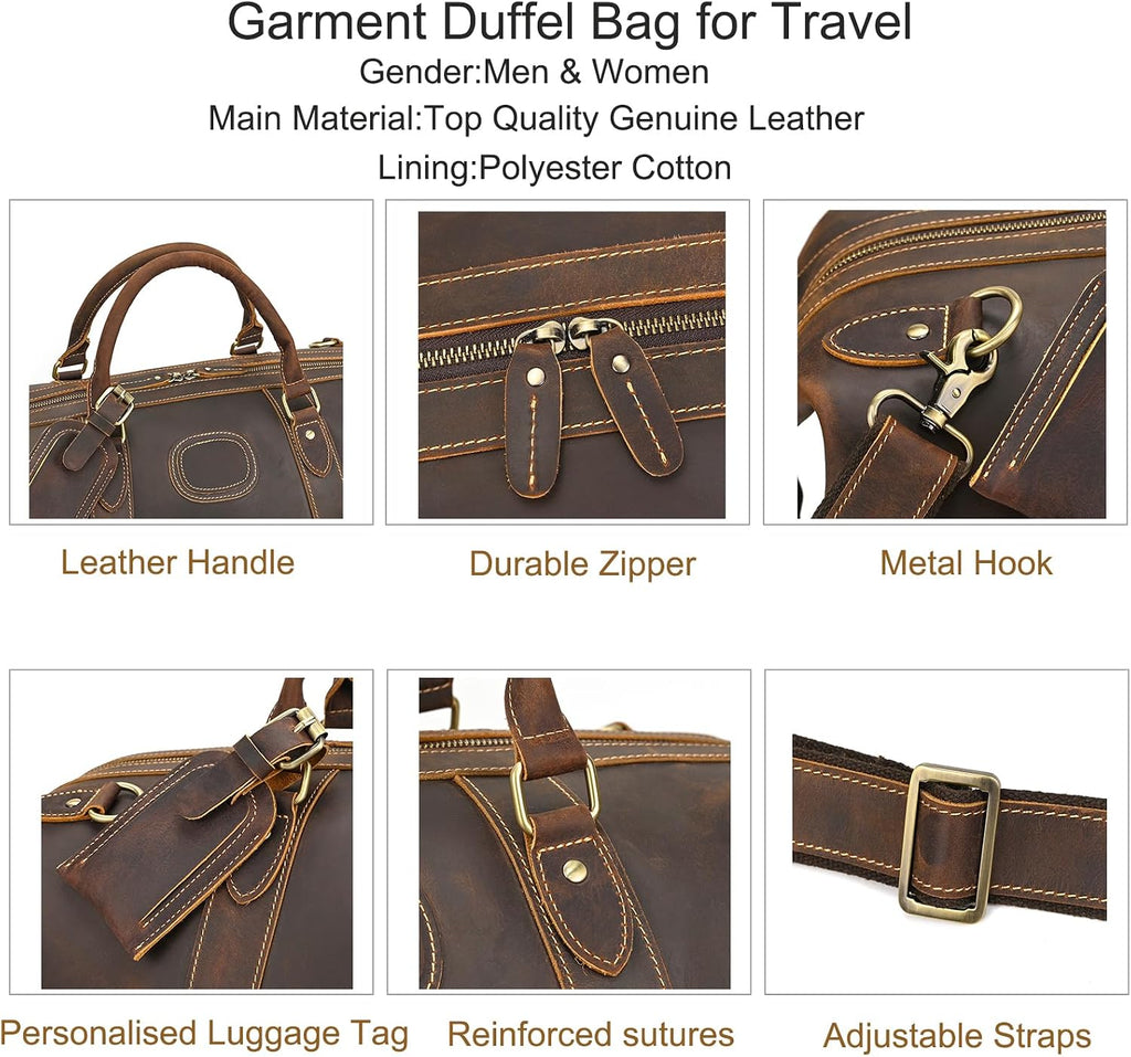 LUUFAN Full-grain Genuine Leather Travel Bag Large Capacity Luggage Duffel Bag for Men Shoulder Handbag Holiday Business Trip Bag, Brown