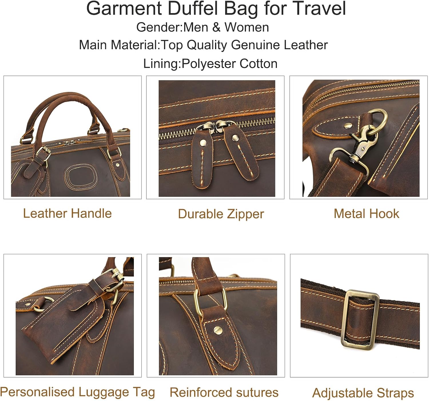LUUFAN Full-grain Genuine Leather Travel Bag Large Capacity Luggage Duffel Bag for Men Shoulder Handbag Holiday Business Trip Bag, Brown