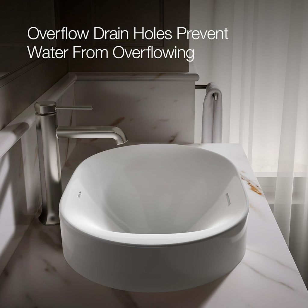 KOHLER 31701-0 Chalice 22-3/4' Oval Bathroom Vessel Sink, Above Counter Vanity Sink Basin, with Overflow, No Faucet Holes, White