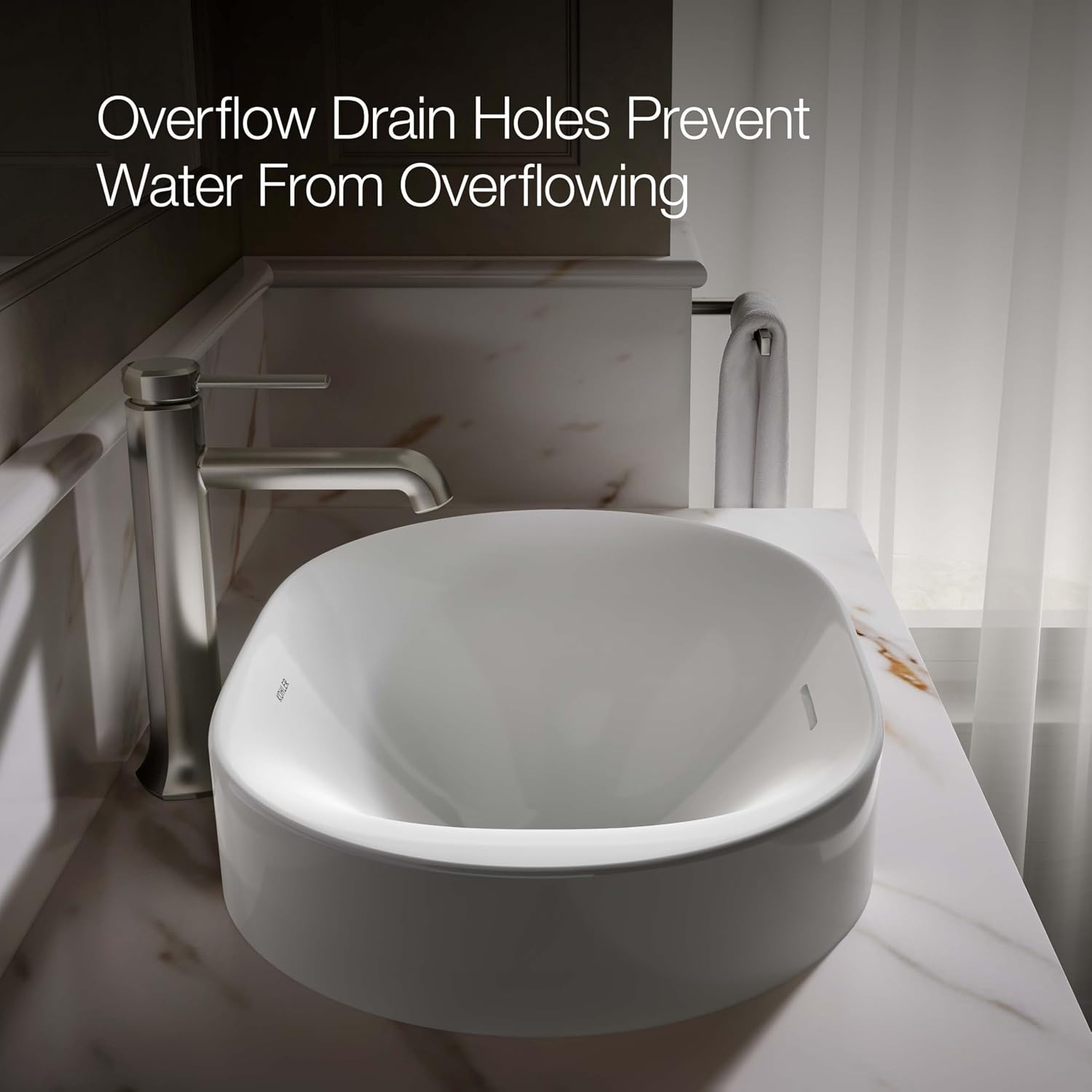 KOHLER 31701-0 Chalice 22-3/4' Oval Bathroom Vessel Sink, Above Counter Vanity Sink Basin, with Overflow, No Faucet Holes, White