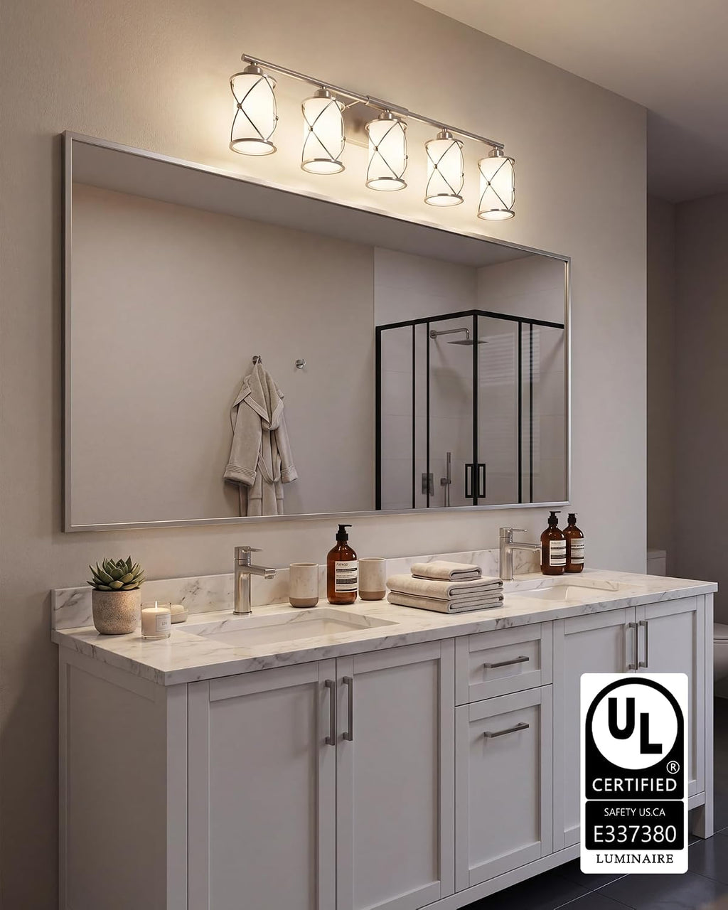 5-Light Brushed Gold Bathroom Light Fixtures Over Mirror, 42' UL-Listed Modern Wall Sconce Lights with Frosted Milk White Glass and Metal Cage for Bath, Hardwire E26, CH9176BNW-5W