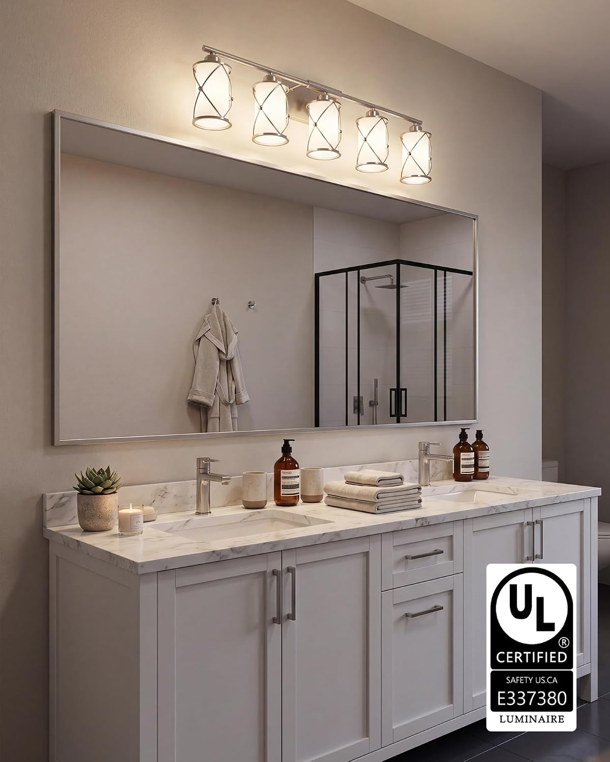 5-Light Brushed Gold Bathroom Light Fixtures Over Mirror, 42' UL-Listed Modern Wall Sconce Lights with Frosted Milk White Glass and Metal Cage for Bath, Hardwire E26, CH9176BNW-5W