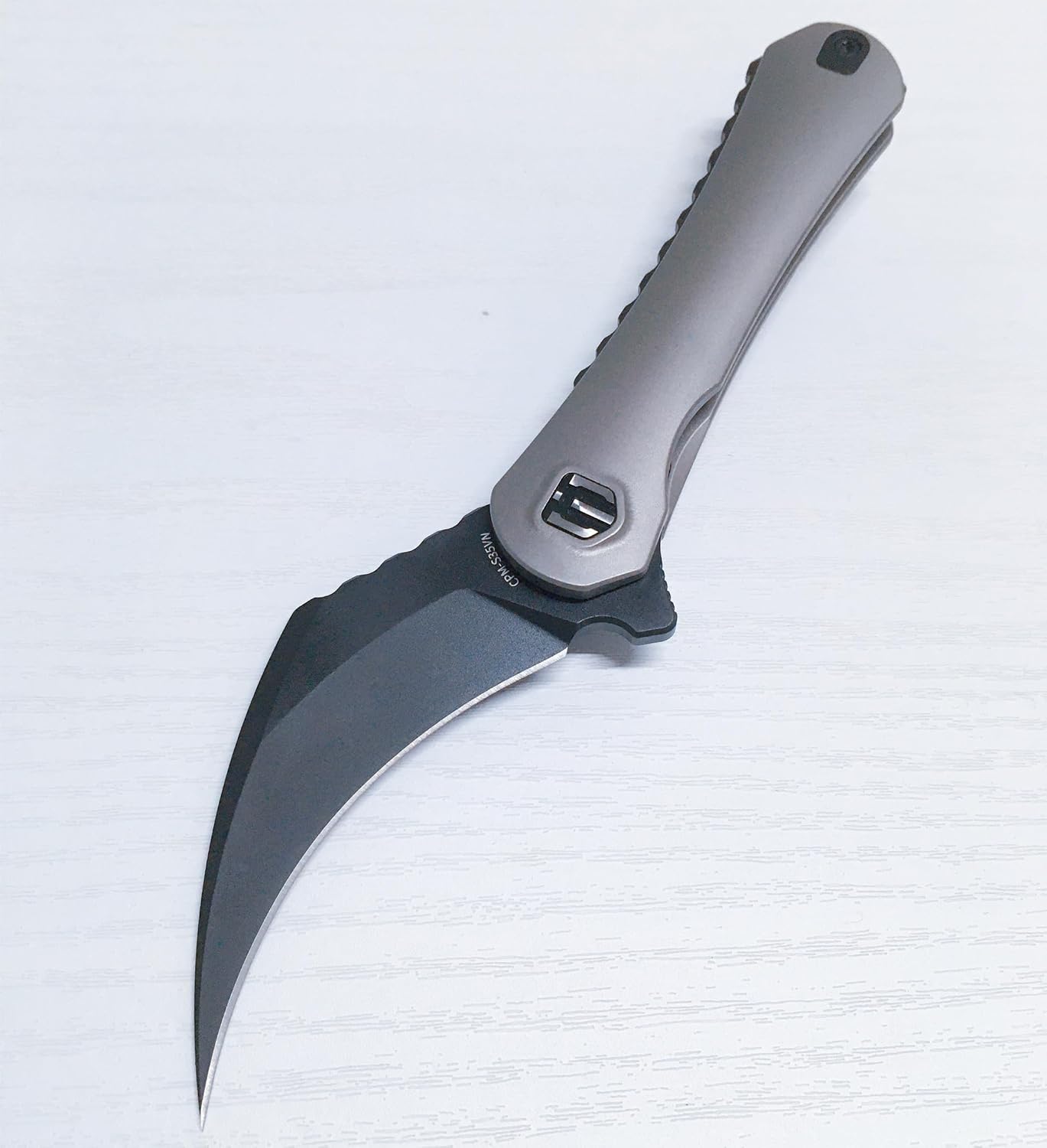 SHIELDON Scythe(XL) Folding Knife CPM-S35VN Steel Diamond-Like Coating 2.92' Hawkbill Point Blade Pocket Knife with Titanium Handle and Reversible Wire Clip