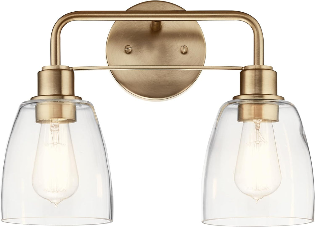 Kichler Meller 2-Light Bathroom Vanity Light Fixture with Clear Glass Shades, Industrial Wall Sconce in Champagne Bronze for Bathroom Mirror (11.25' x 5.5' x 7'), 55101CPZ