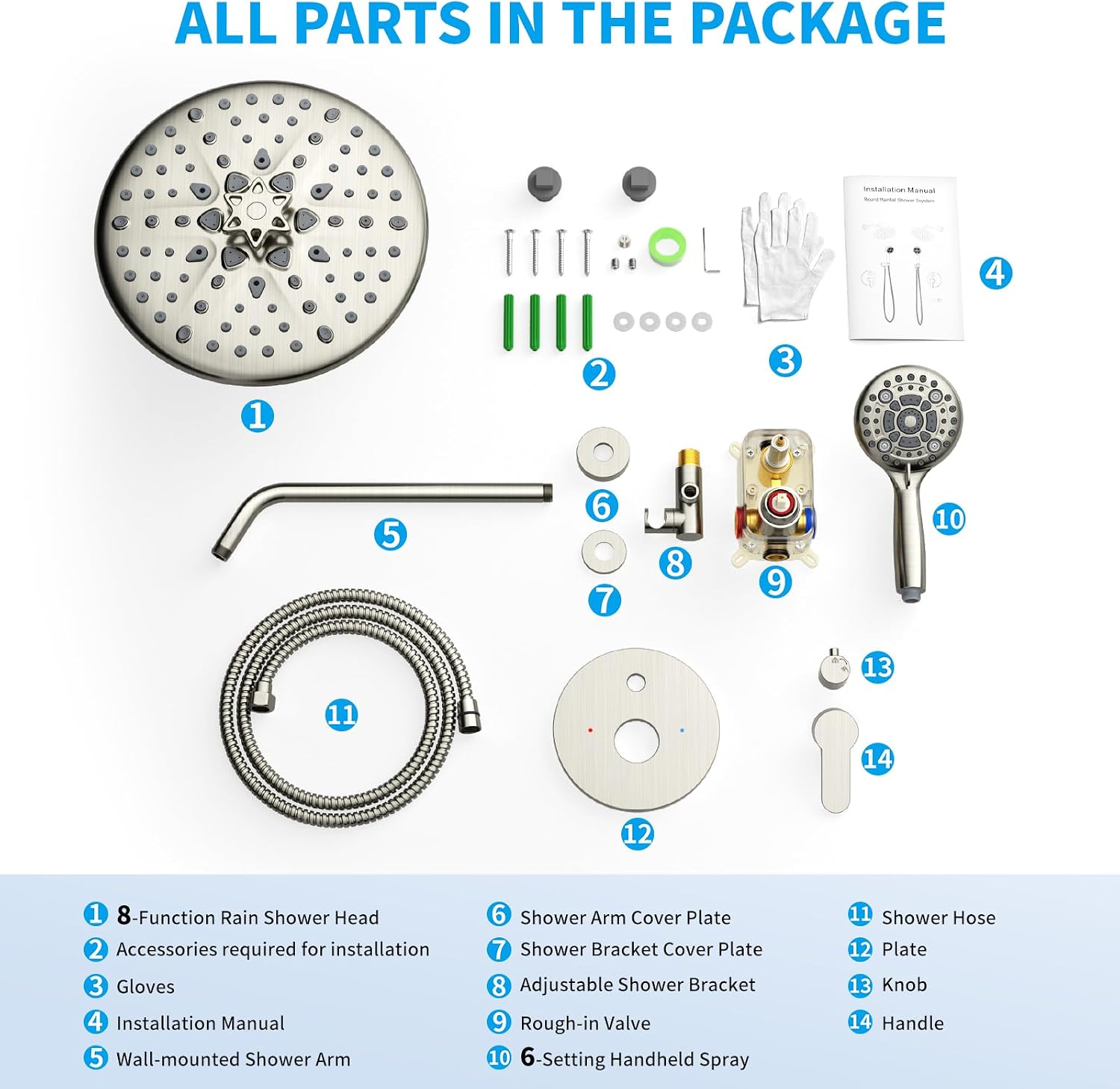 EMBATHER Shower Faucet Sets - Overhead Rain Head Shower System with High Pressure Handheld Complete Combo and Mixer Valve Trim Kit - Brushed Nickel Rainfall Shower Fixture for Luxury Bathroom