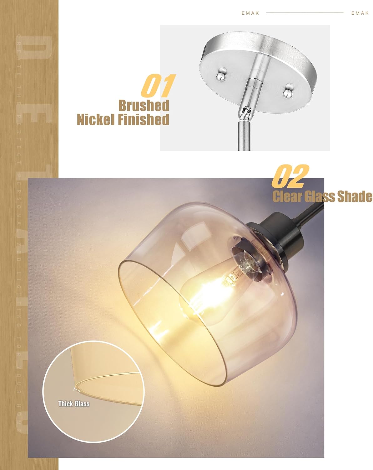 Emak 8 Inch Clear Glass Pendant Lights Kitchen Island, 2 Pack Brushed Nickel Pendant Light Fixtures, Modern Island Lights for Kitchen, Dining Room, Bar, PL122-BN-CG-2PK