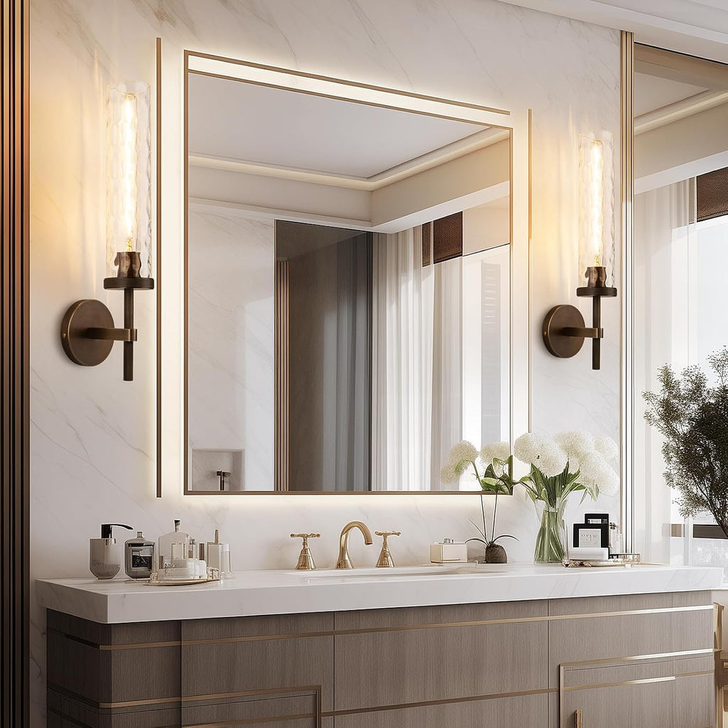 19.5' Knurled Brass Wall Sconces Set of 2, Bronze Bathroom Vanity Light Fixtures with Water Ripples Glass Tube, Modern Lamp Lighting for Bedroom, Living Room, Hallway, Staircase, Mirror, Kitchen