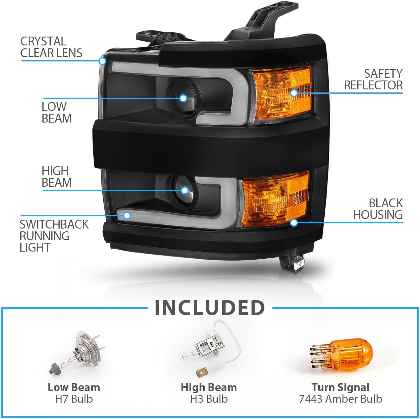 AmeriLite for 2015-2019 Chevy Silverado 2500HD 3500HD Pickup w/Switchback LED Tube All Dark Black Square Projector Headlights Assembly Set - Passenger and Driver Side