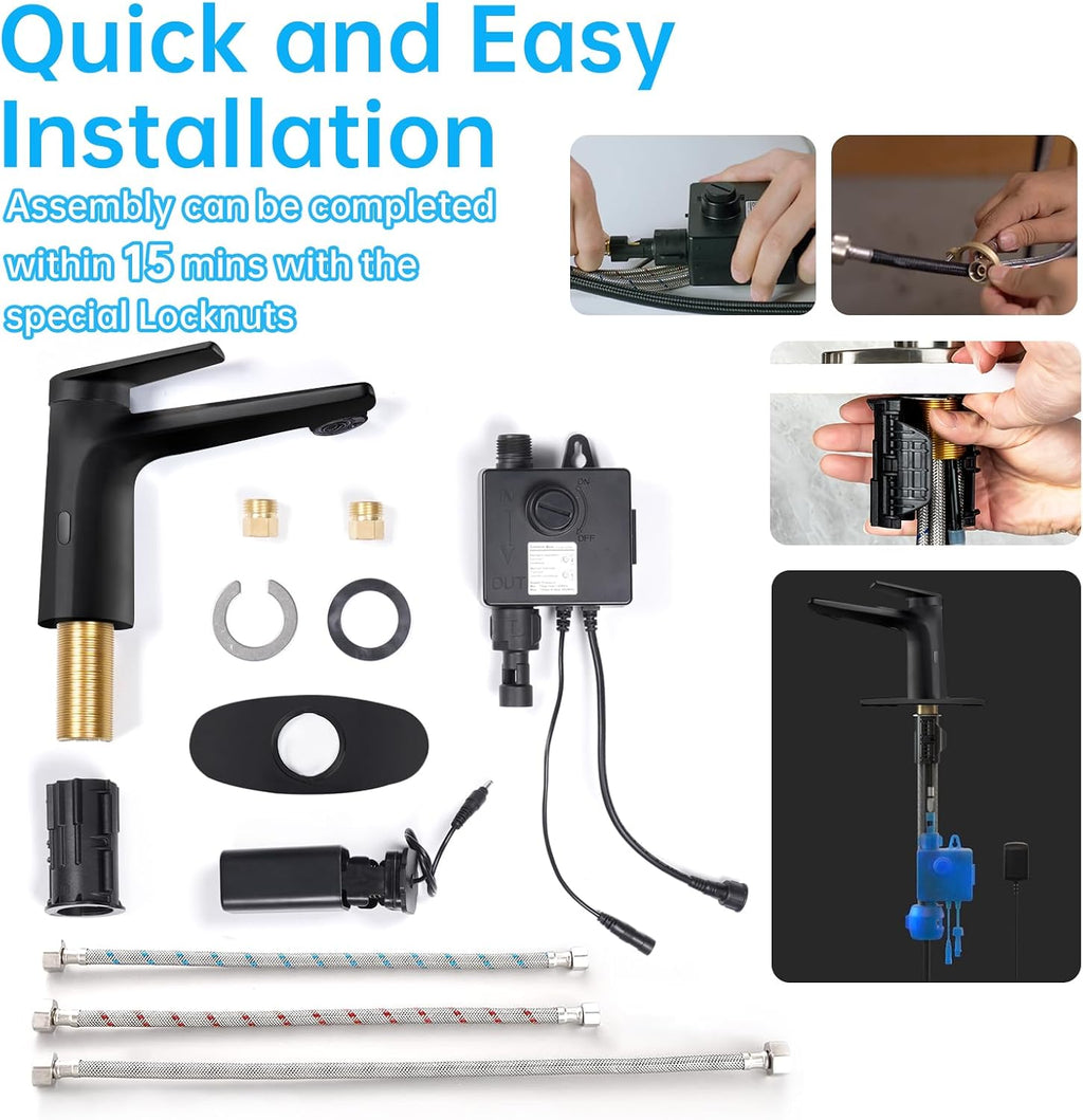 Touchless Smart Bathroom Faucet for 1 or 3 Holes, Automatic Sensor Faucet 1 Handle, Adjustable Cold & Hot Temperature & Water Flow, Short & Long Instruction Modes, Metal (29100 Matte Black)