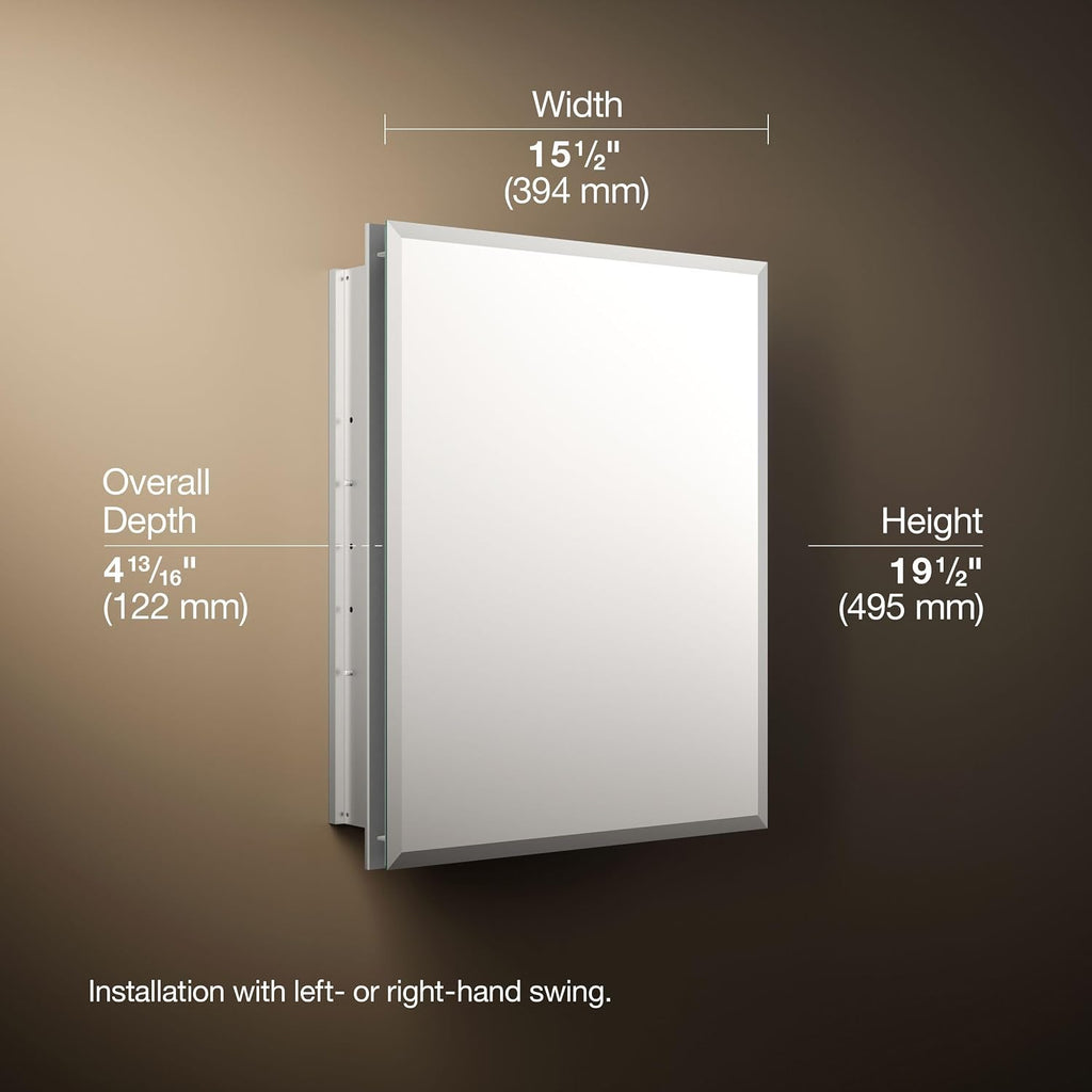 Kohler CB-CLR1620FS Frameless Bathroom Mirror Medicine Cabinet, Single Door, Rectangular Beveled Edge Frame, Bathroom Cabinet Mirror, Adjustable Shelves, 16 in. W x 20 in. H