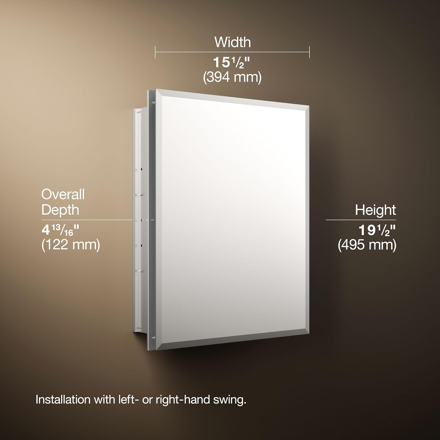Kohler CB-CLR1620FS Frameless Bathroom Mirror Medicine Cabinet, Single Door, Rectangular Beveled Edge Frame, Bathroom Cabinet Mirror, Adjustable Shelves, 16 in. W x 20 in. H