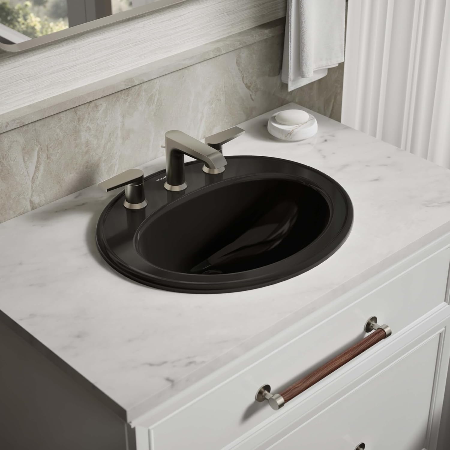 KOHLER K-2196-8-7 Pennington Self-Rimming Bathroom Sink, Black Black