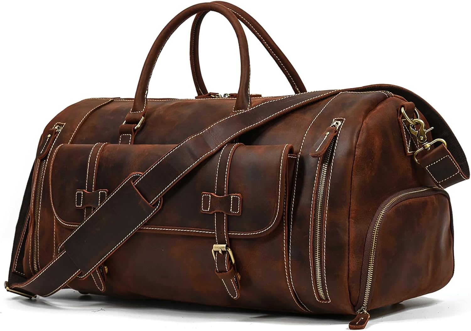 LUUFAN Full-grain Genuine Leather Travel Bag Large Capacity Duffel Luggage Bag with Shoe Compartment, Men Women Shoulder Bag for Weekend Holiday Business Trip, 58cm