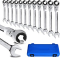 LOSCHEN Metric Open Flex-Head Ratcheting Wrench Combination 12 Pcs/set 8-19mm, Metric Spanner with 72 Teeth, Chrome Vanadium Steel Tubing Ratchet （US and European Patents）