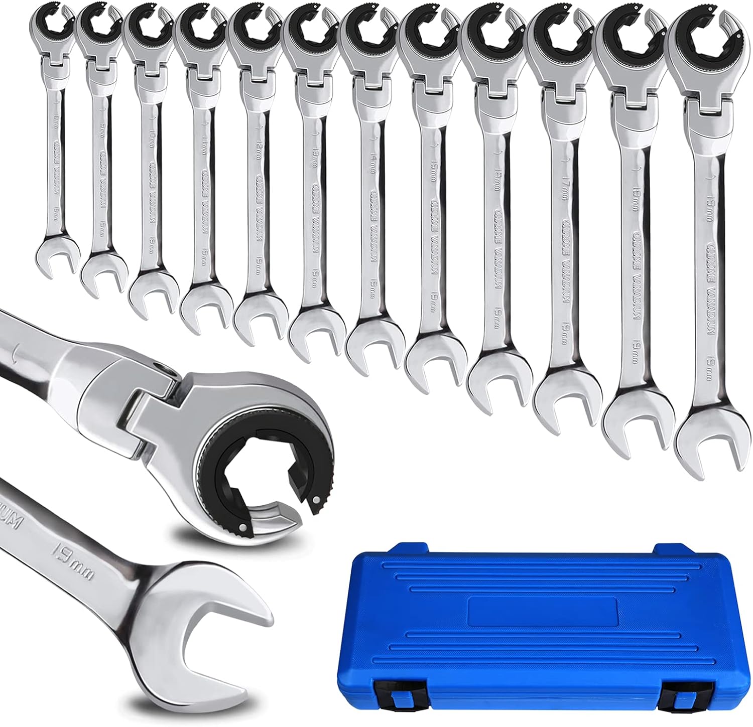 LOSCHEN Metric Open Flex-Head Ratcheting Wrench Combination 12 Pcs/set 8-19mm, Metric Spanner with 72 Teeth, Chrome Vanadium Steel Tubing Ratchet （US and European Patents）