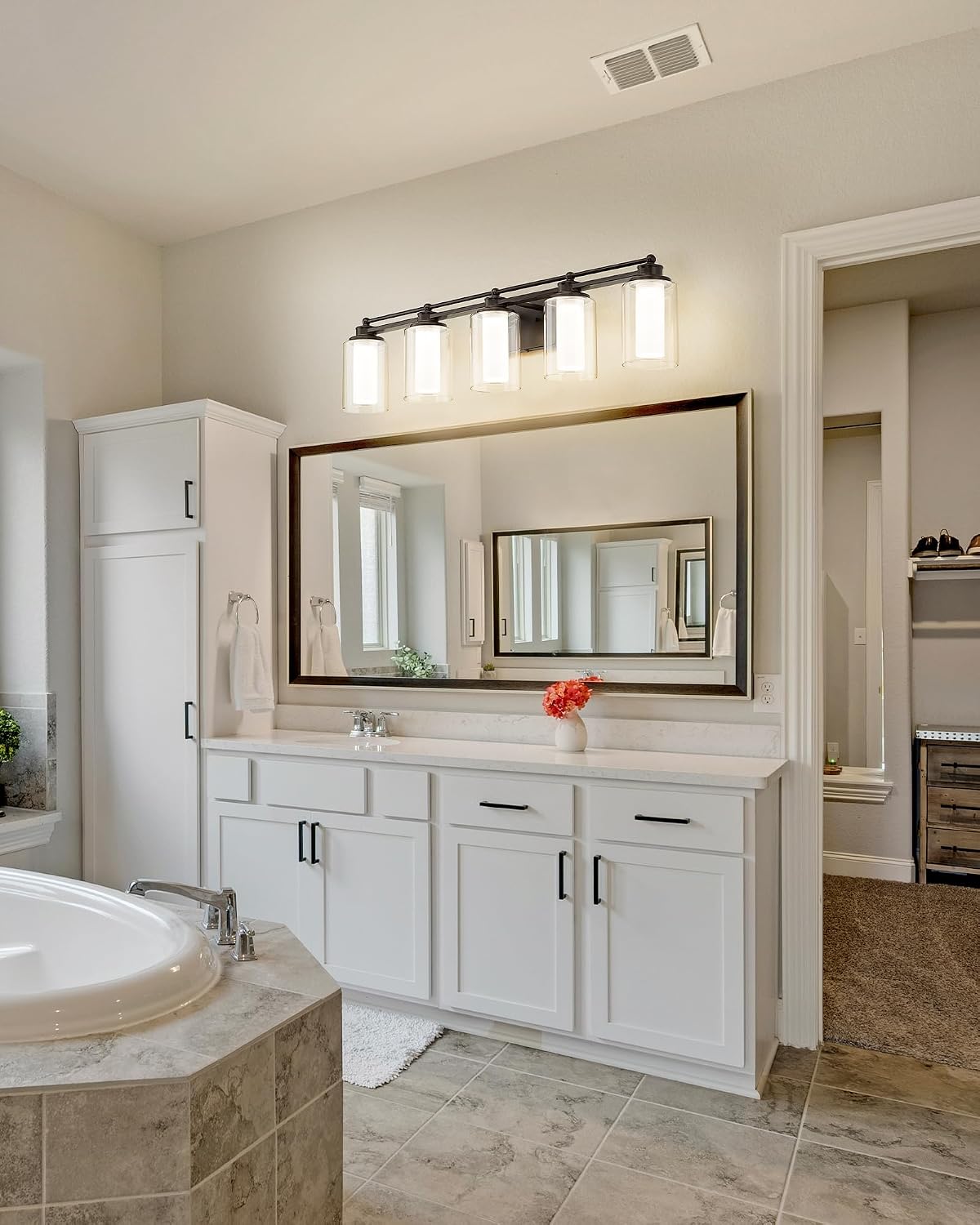 HWH 5-Light Bathroom Vanity Light Fixture, Oil-Rubbed Bronze Bathroom Lights Over Mirror, 30W 5CCT Dimmable LED Vanity Lights with Clear Glass, 5HLT63B-5W-LED ORB