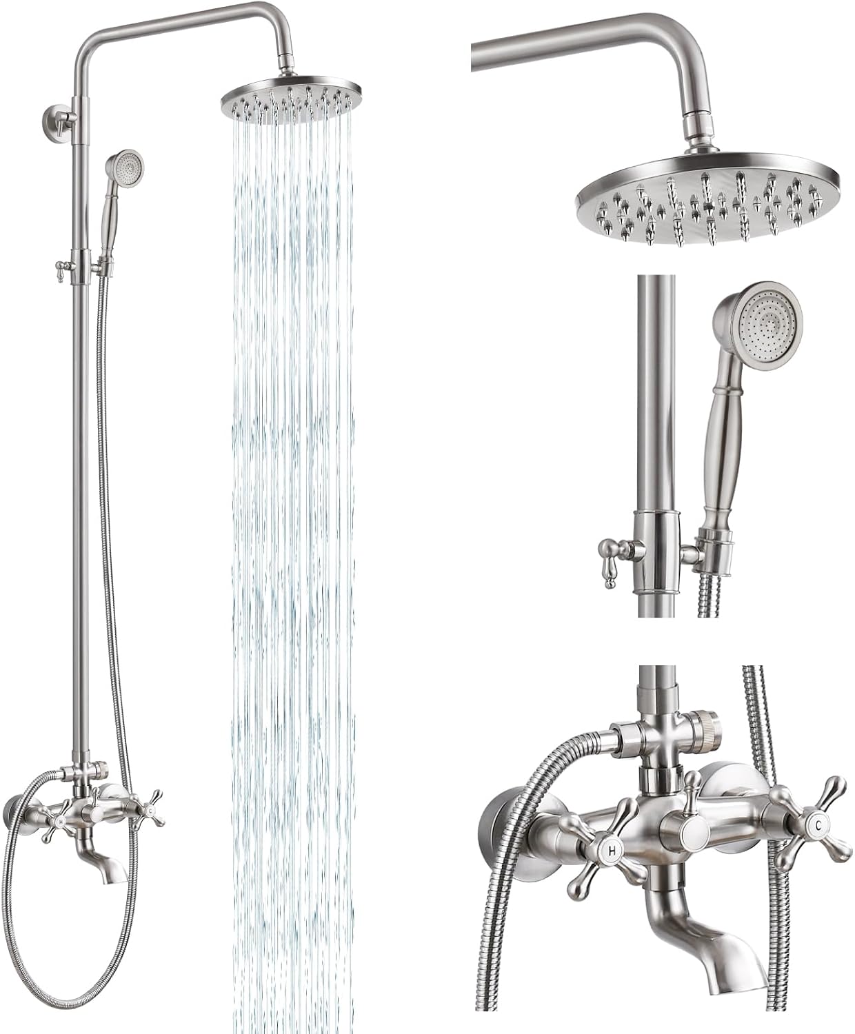 gotonovo Exposed Shower Faucet Set 8 Inch Rainfall Showerhead 3-Function Shower Fixture with Tub Spout 2 Corss Handles Shower System, Brushed Nickel