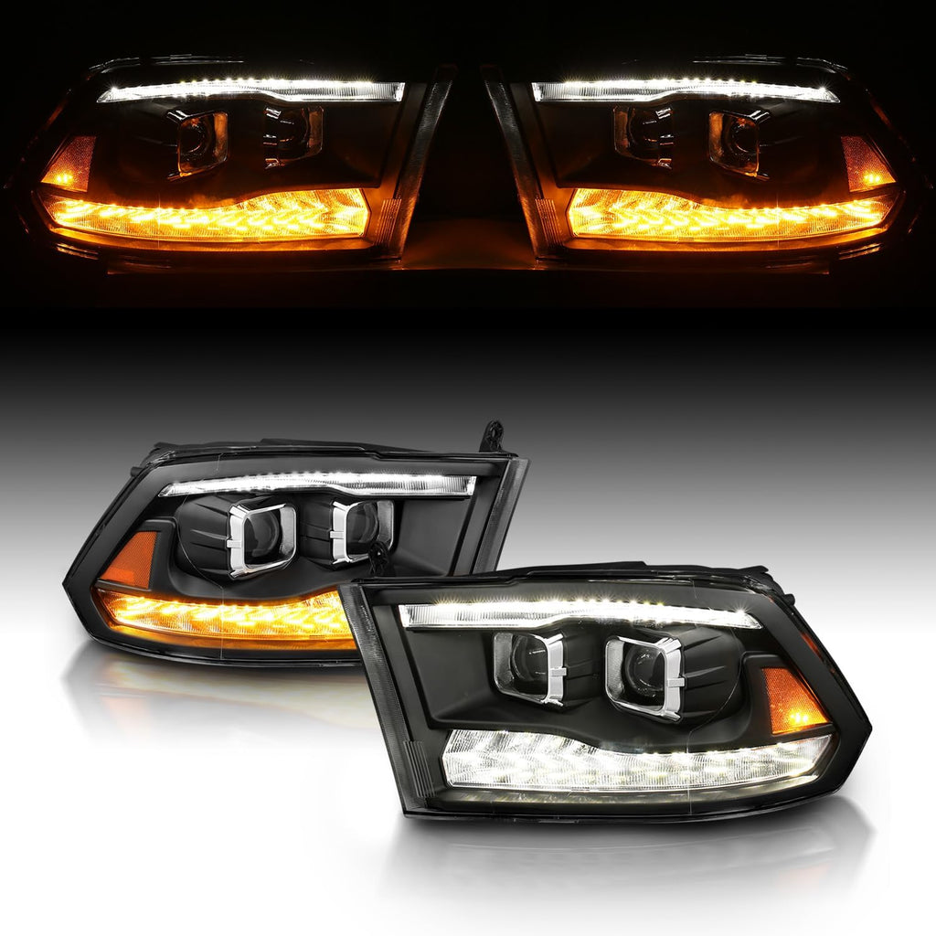 AmeriLite for 2009-2018 Dodge Ram 1500 2500 3500 [BOTH Model] Upgraded Projector Switchback LED Tube Black Headlights Assembly Pair - Passenger and Driver Side