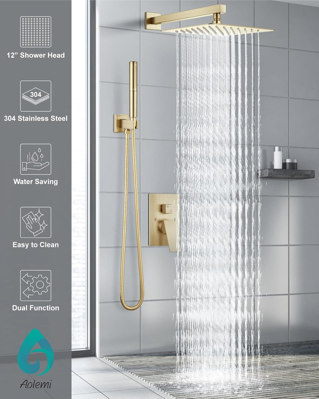 Aolemi Shower System with Rainfall Shower Head and Handheld Wall Mount,High Pressure Shower Faucet Set Fixture Combo with 2 in 1 Handheld Spray Rough-in Valve,12 Inch Shower Head Brushed Gold