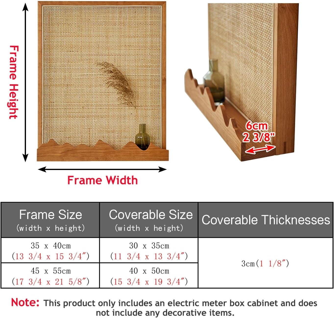 Electrical Panel Cover Wooden Frame Electric Panel Cover, Fuse Box Cover with Rattan Mesh & Shelf, Breaker Box Cover Suspension Mounting, Living Room/ Farmhouse Decor(WXL-45 x 55CM-17 3/4 x 21 5/8')