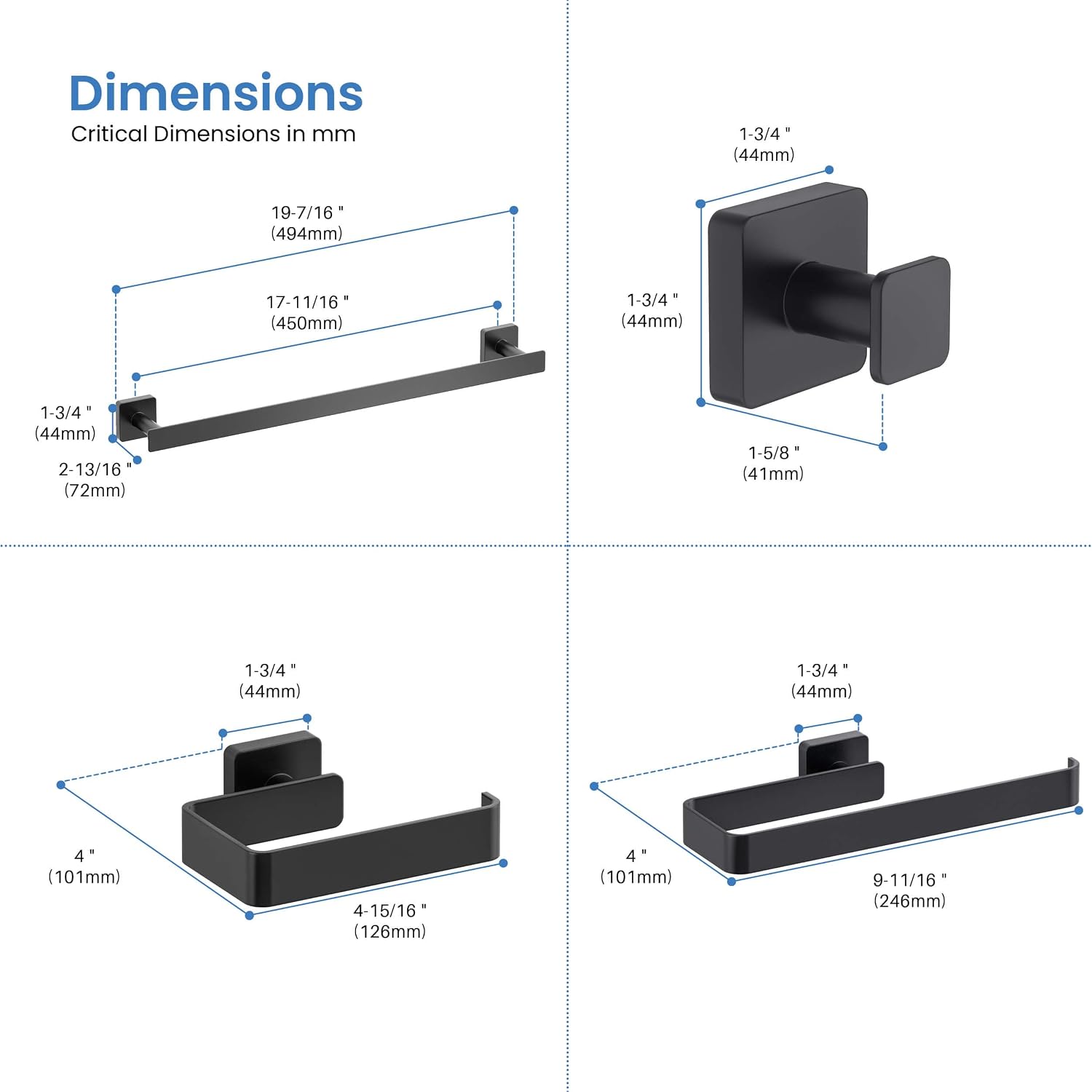 KIBI Blaze Bathroom Hardware Set 4 Piece Bathroom Accessories Set | Towel Bar (19'), Towel Holder, Toilet Paper Holders, Robe Hook (Matte Black) (KBA16-4-2)