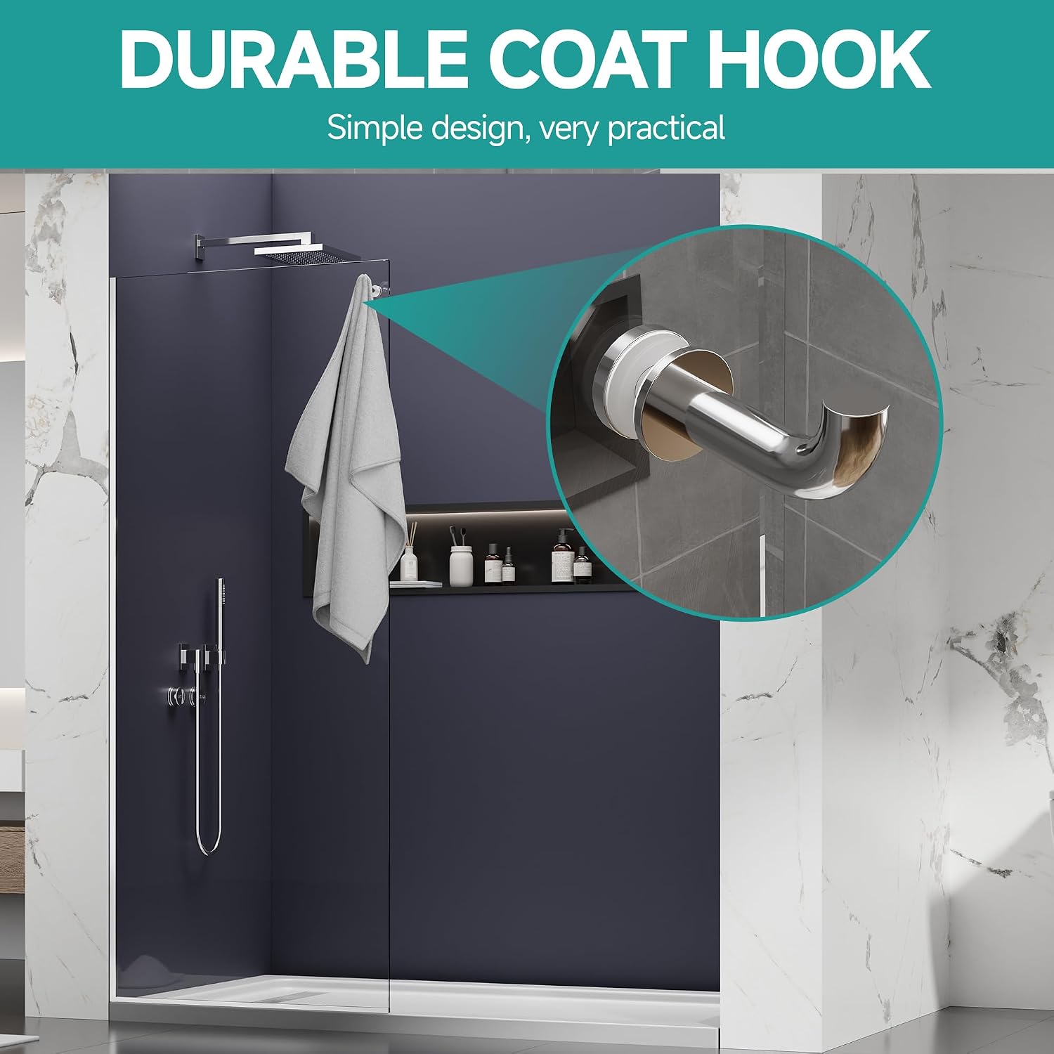 3/8' w/Coat Hook Fixed Shower Glass Panel, 36' W x 76' H, Polished Chrome | Frameless Fixed Shower Screen;Coat Hook;SGCC Tempered Glass;Easy Clean Coating;Aluminum;Single Shower Door