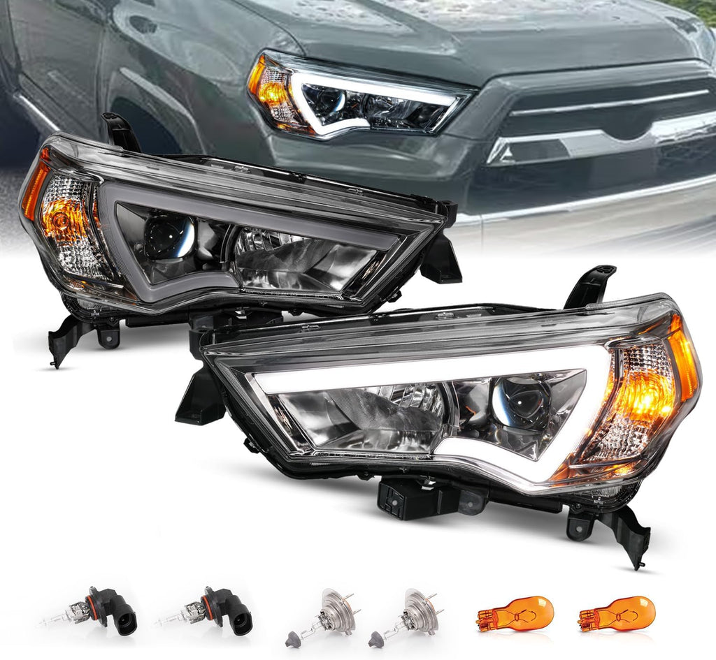AmeriLite for 2014-2023 Toyota 4Runner LED Tube Square Projector Gun-Metal Headlights Assembly Set - Passenger and Driver Side