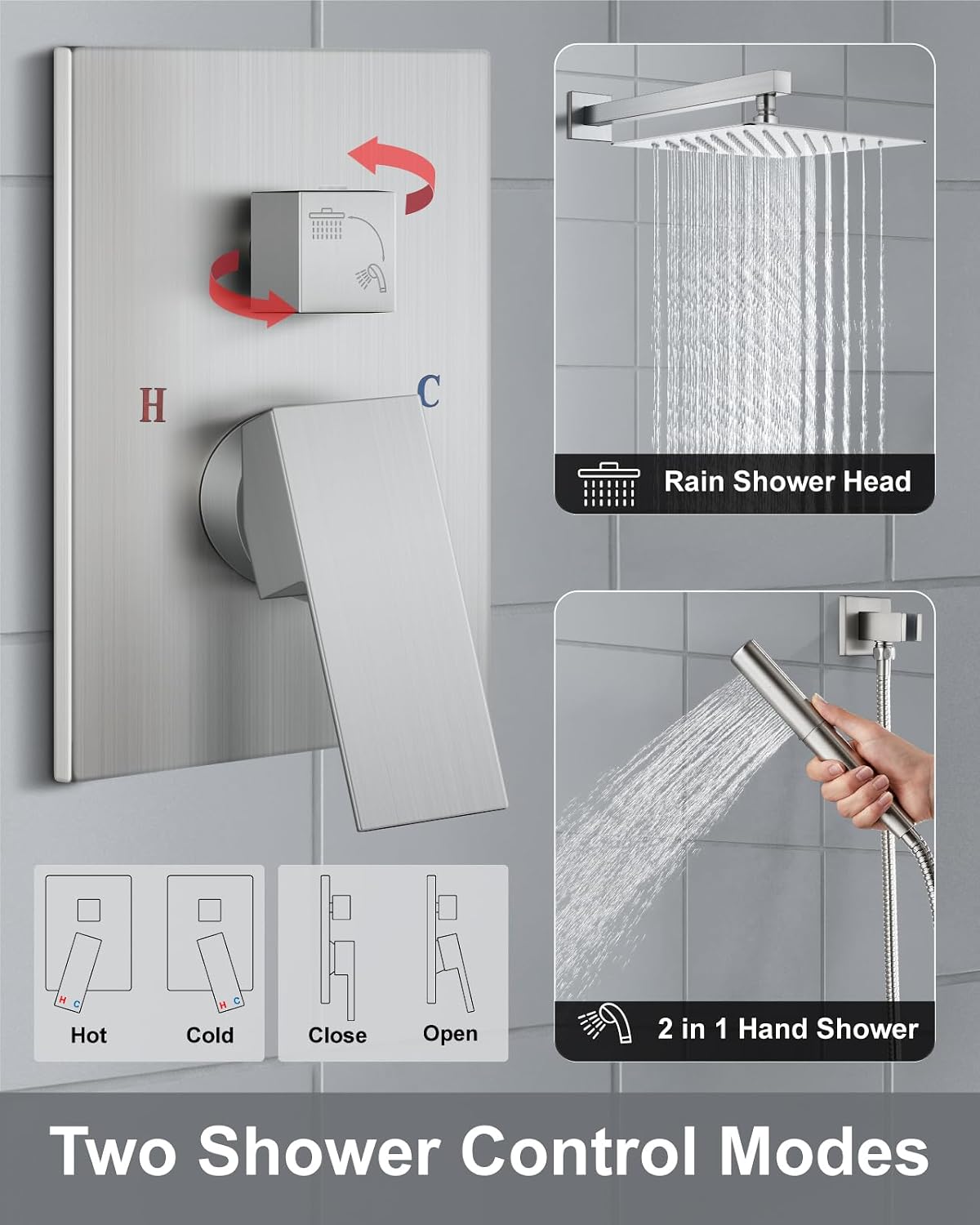 Aolemi Shower Faucet Set, High Pressure Shower System with 2-in-1 Handheld Sprayer, Wall Mount Fixture Combo with Rough-in Valve, 10 Inch Shower Head, Brushed Nickel