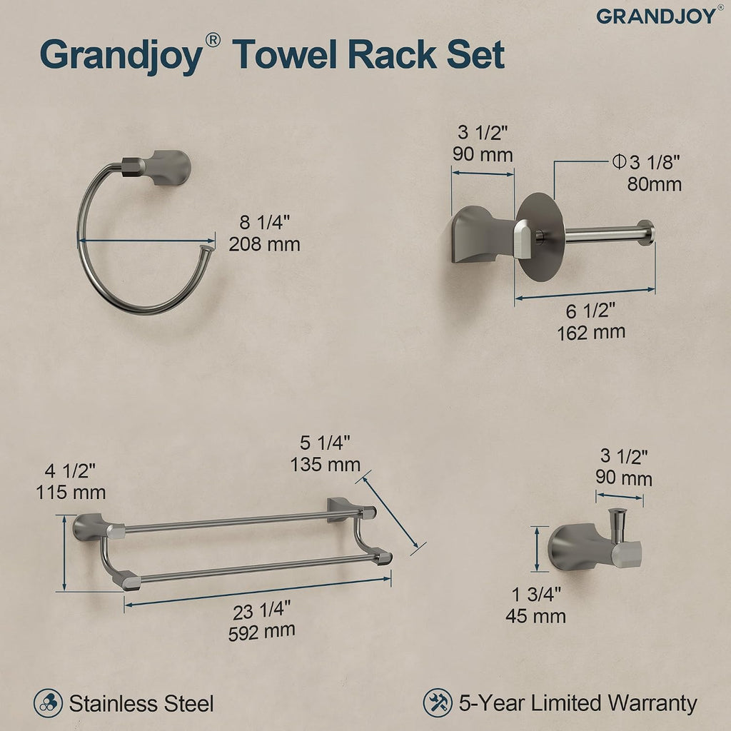 4-Piece Brushed Nickel Bathroom Hardware Set, 304 Stainless Steel Rustproof Wall Mounted, 24 Inch Double Towel Rack, Towel Ring, Robe Hook, Toilet Paper Holder